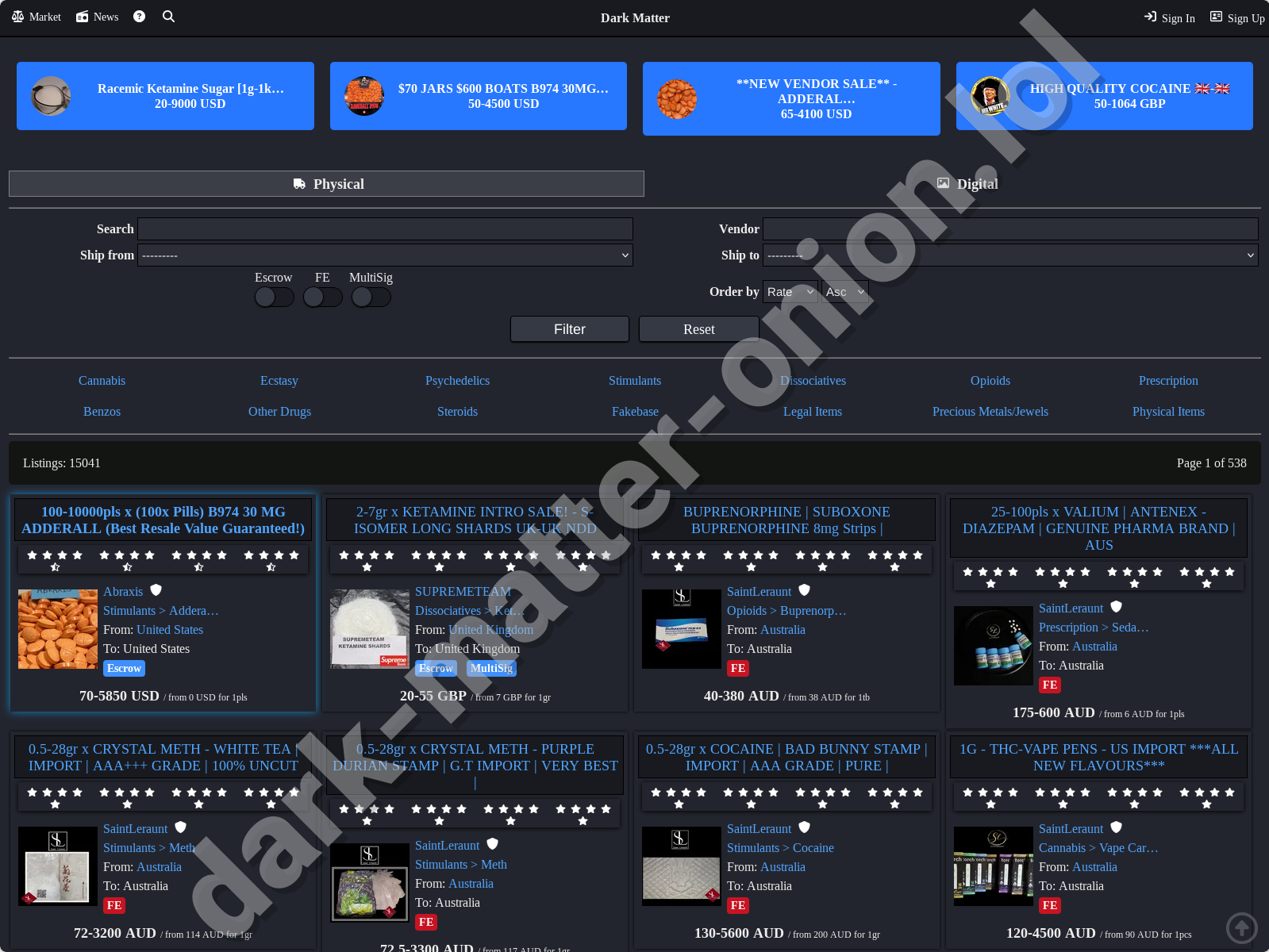 Dark Matter Darknet Market Home Page - Clean Interface of Dark Matter Marketplace